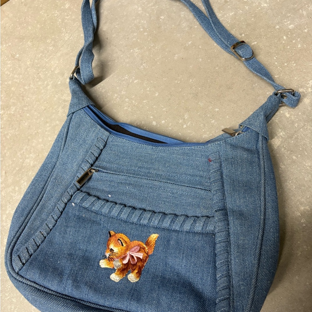 Denim Shoulder Bag with Cat Embroidery